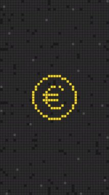 Dijital ekranda piksel euro işareti. Soyut arkaplan. Dikey video. Döngülü canlandırma