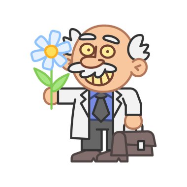 Profesör elinde çiçek tutuyor ve gülümsüyor. Vektör İllüstrasyonu