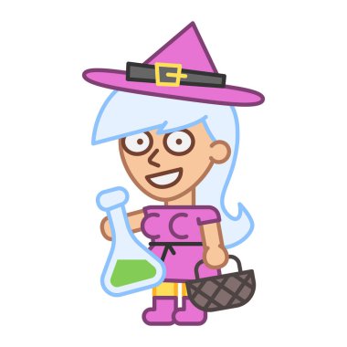 Cadı test tüpünü tutuyor ve gülümsüyor. Vektör İllüstrasyonu