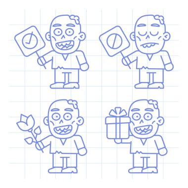 Çeşitli objeleri tutan karalama karakteri zombiyi ikinci bölüme ayarla. Vektör İllüstrasyonu