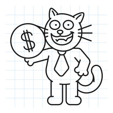 Kara kedi dolar işareti ve gülücüklerle bozuk para tutuyor. Vektör İllüstrasyonu