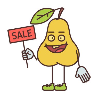 Armut karakterli yarım dönüş işareti, yazıt satışı ve gülümseme. Vektör İllüstrasyonu