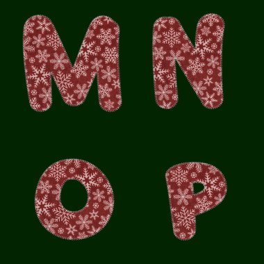 Dikilmiş kırmızı noel kumaşı alfabesinin 3D çizimi - M-P harfleri