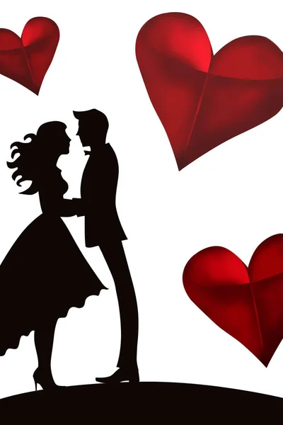 Illustration Der Valentinstagsfeier Grußkarte Mit Jungen Liebespaaren Silhouetten Stockbild