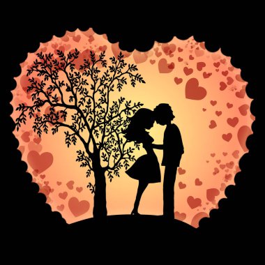 Sevgililer Günü kutlama kartı tasviri Genç ve sevgi dolu çift siluetleri