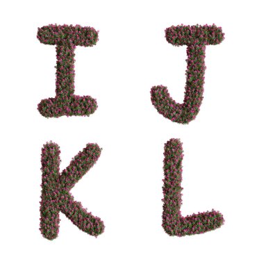 3D rendering of Nerium oleander flowers alphabet - letters I-L