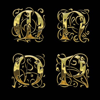 3D rendering of Golden Gothic style font alphabet - letters M-P