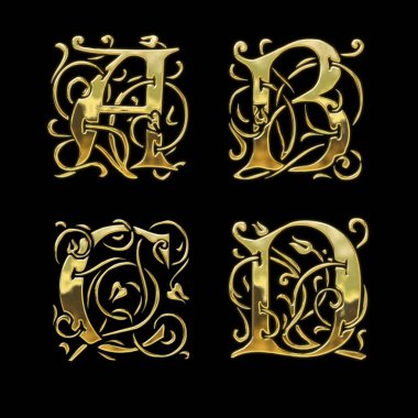 3D rendering of Golden Gothic style font alphabet - letters A-D