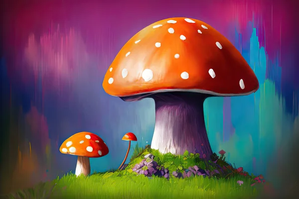 Illustration of fantasy mushroom-like house growing in magical forest