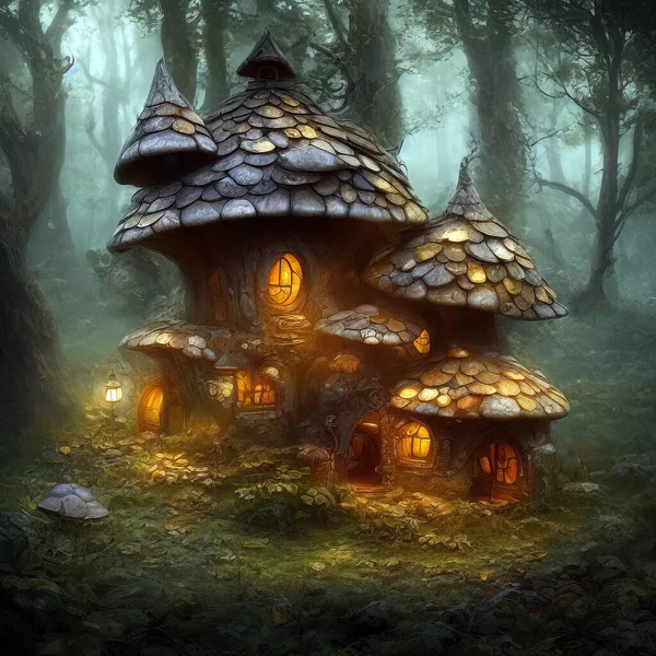 Illustration of fantasy mushroom-like house growing in magical forest
