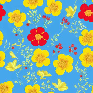 Kusursuz kırmızı ve sarı çiçek desenli mavi arkaplan.
