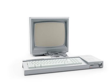 Beyaz arkaplanda monitörlü 128 K renk kişisel bilgisayarın 3D görüntülenmesi