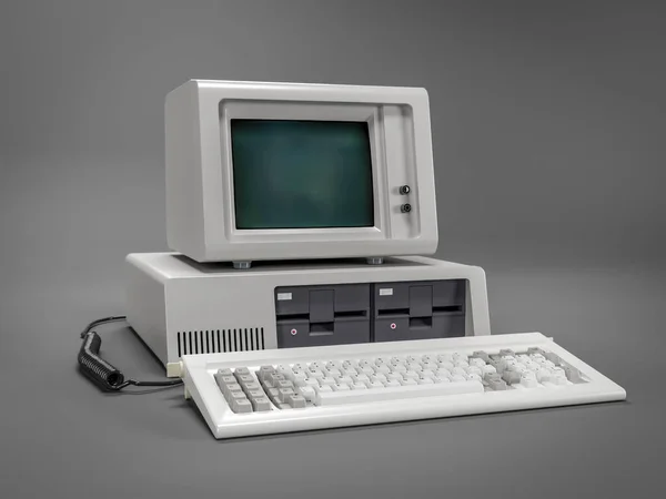 グレーの背景にモニターとヴィンテージパーソナルコンピュータの3Dレンダリング ロイヤリティフリーのストック写真