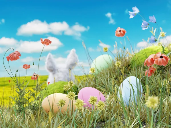 Renderowanie Króliczka Wielkanocnego Siedzącego Trawie Kolorowymi Pisankami Nad Błękitnym Niebem — Zdjęcie stockowe