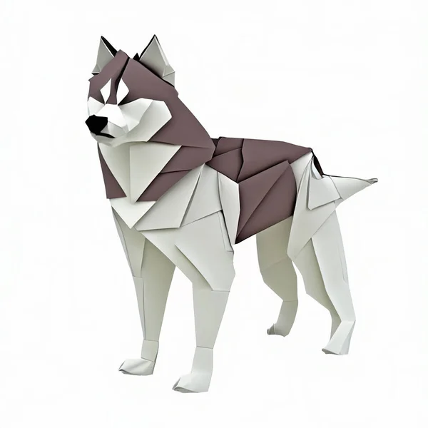 3D illustration of Husky dog in paper origami style on white background