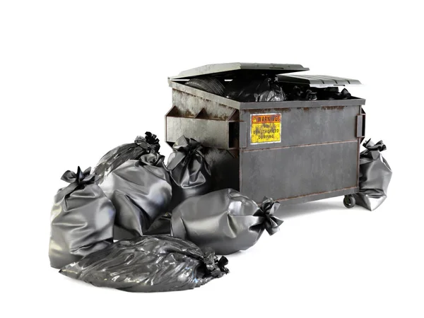 Beyaz Arka Planda Çöp Torbalarıyla Dolu Büyük Metal Çöp Konteynırının — Stok fotoğraf