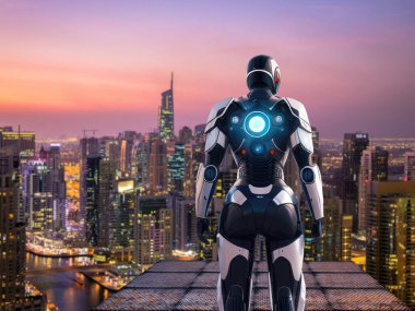 Şehri yüksek bir platformdan izleyen 3D insansı güvenlik robotu.