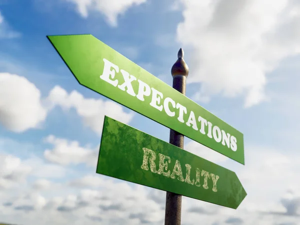 Рендеринг Expectations Reality Road Signpost Cloudy Sky — стоковое фото