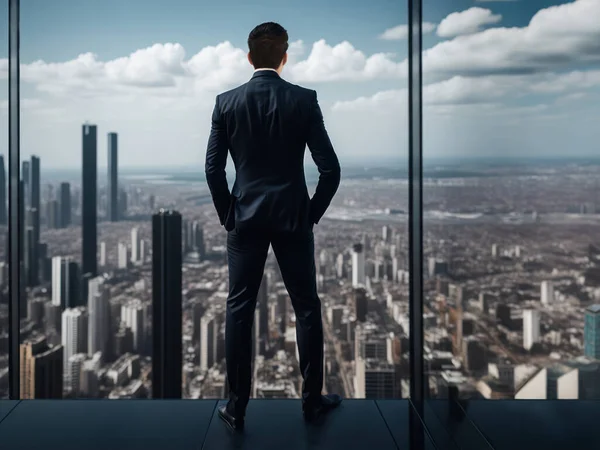 Junger Manager Blickt Selbstbewusst Durch Das Hochhausfenster Auf Das Stadtbild — Stockfoto