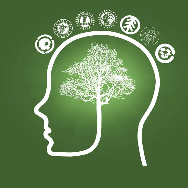Illustration Human Head Outline Tree Shaped Brain Surrounded Ecology Pictograms — Stock Photo, Image