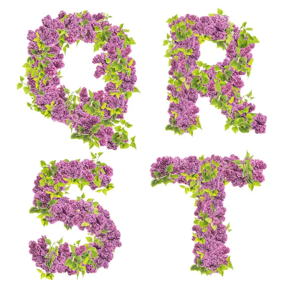 3D rendering of Lilac flowers capital letters alphabet - letters Q-T