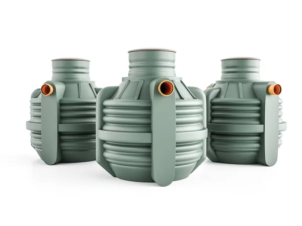 Rendering Three Green Household Septic Tanks White Background — Stock Photo, Image