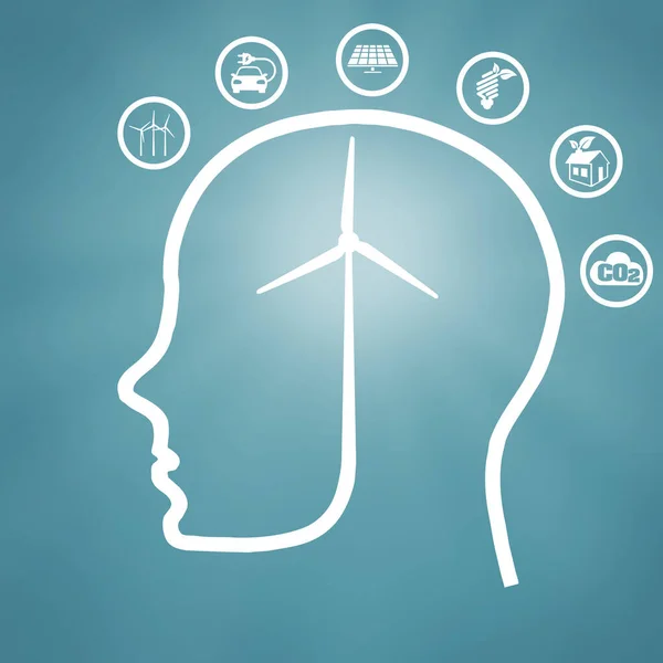 Illustration Human Head Outline Wind Turbine Brain Surrounded Sustainable Energy — Stock Photo, Image
