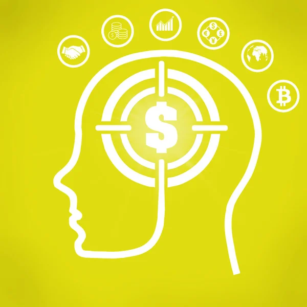 Ілюстрація Контуру Голови Людини Знаком Цілі Долара Мозок Оточений Різними — стокове фото