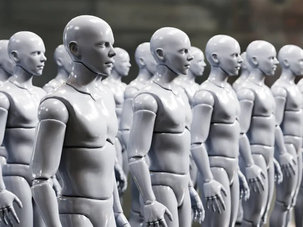 Rendu Robots Androïdes Blancs Debout Dans Une Rangée — Photo