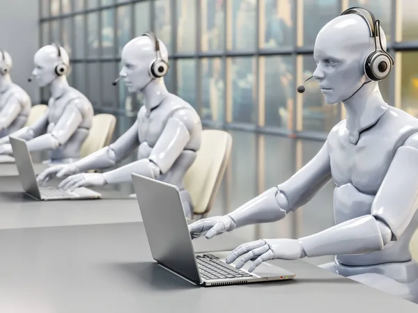 Hívóközpont Megjelenítése Humanoid Chat Botokkal Mint Ügyfélszolgálati Szolgáltatók — Stock Fotó