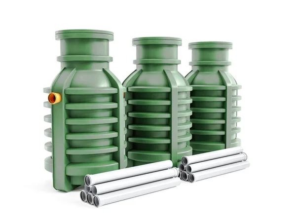 Rendering Three Green Household Septic Tanks White Background — Stock Photo, Image