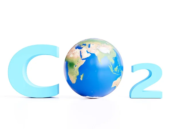由字母C 行星地球和数字2组成的关于白色背景的Co2公式的三维渲染 气候变暖概念 — 图库照片
