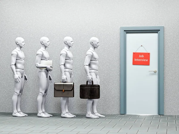 人工智能人形机器人排队等待新工作的3D渲染 图库图片