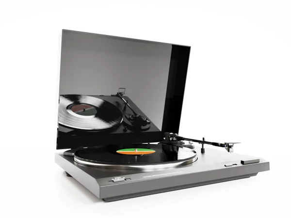 白でビニールレコードと古いターンテーブルの3Dレンダリング — ストック写真