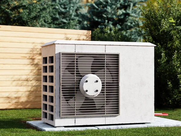 房屋花园安装的住宅热泵装置3D渲染 免版税图库照片
