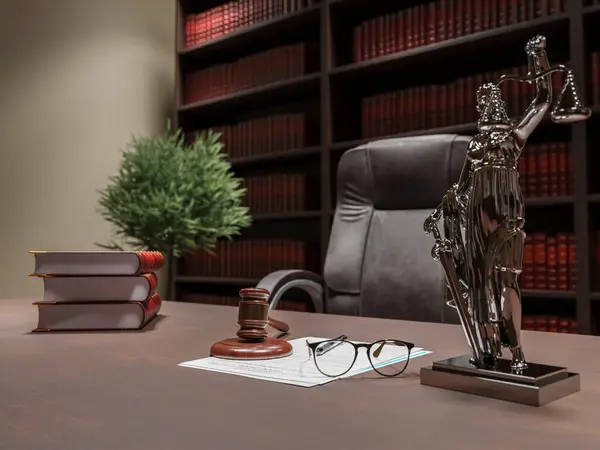 3D rendeing of Judge room desk with gavel, statue of Themis of Justice and documents