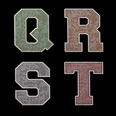 Büyük harf ve basamaklı klasik posta pulu alfabesi - Q-T harfi