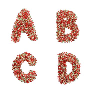 Tıbbi hap büyük harf alfabesinin 3D yorumlanması - A-D harfleri