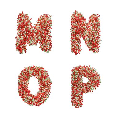 Tıbbi hap büyük harf alfabesinin 3D yorumlanması - M-P harfleri