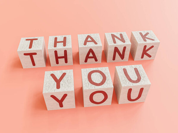 3d rendering of white painted wooden cubes with red letters arranged into Thank You words on pink background