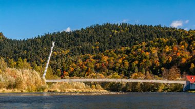 Dunajec nehri vadisi, Pieniny, Polonya boyunca uzanan salda görülen sonbahar renkli ağaçlara ev sahipliği yapan sakin dağ manzarası 