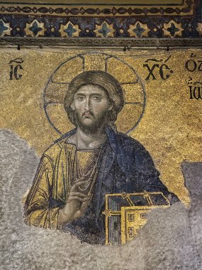 İstanbul, Türkiye, Şubat, 18 2025: 13. yüzyıl Deesis Mozaiği İsa 'yı temsil ediyor, Ayasofya