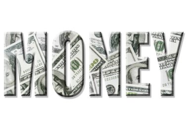 Para kelime whiee üzerinde yüz dolarlık banknot arka plan üzerine bindirilmiş