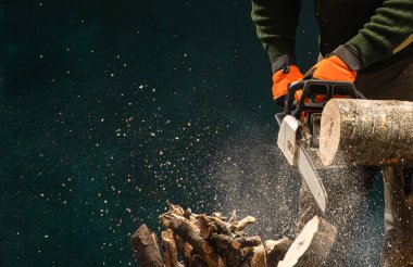 worker cuts firewood with a chainsaw