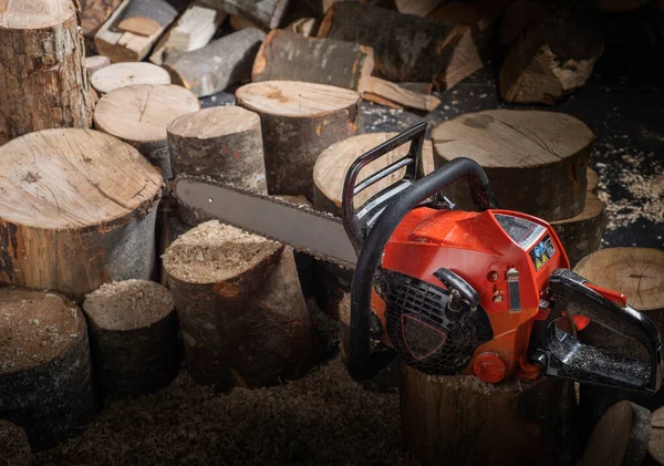 Modern Chain Saw Firewood Closeup — Stock fotografie