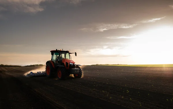 Granjero Tractor Prepara Campo Cuando Sol Comienza Ponerse —  Fotos de Stock