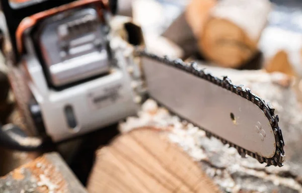 Modern Chain Saw Firewood Closeup — Photo