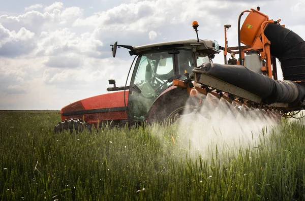 Tractor Die Pesticiden Spuit Een Groen Veld — Stockfoto