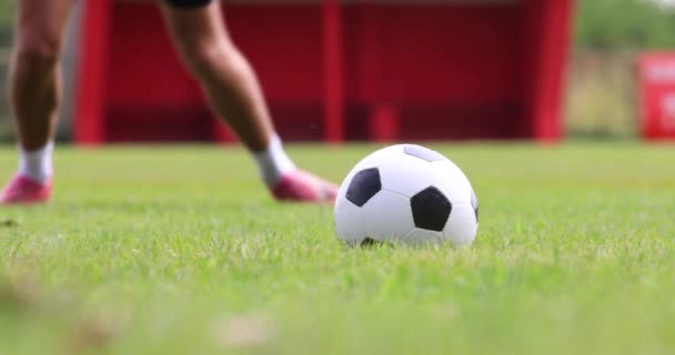 Klossa Upp Footballer Kicking White Ball Goal Sunny Day — Stockvideo