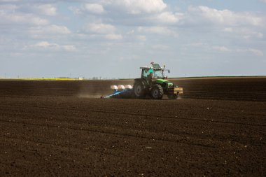 Tarlada ekin tohumu yapan traktörlü çiftçi..